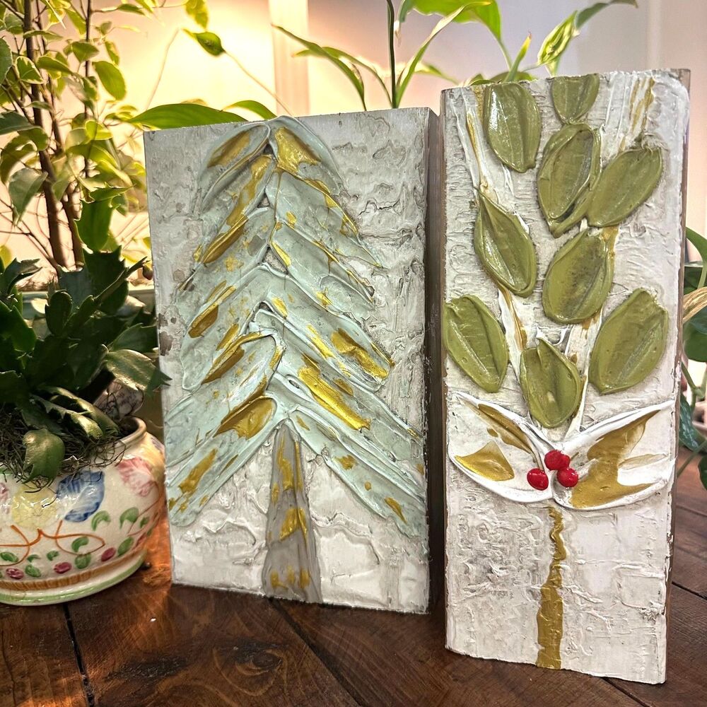 Susan Hood Hand Painted Wood Block Art Pair, Holiday Decor, Tree & Holly